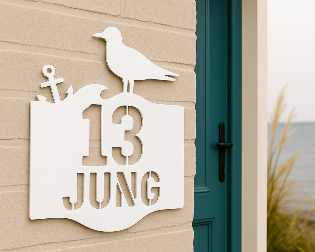 Moodbild: Maritimes Hausnummernschild aus weiß pulverbeschichtetem V2A Edelstahl – mit Möwe, Anker und Wellenmotiv sowie ausgelasertem Namen und Zahl